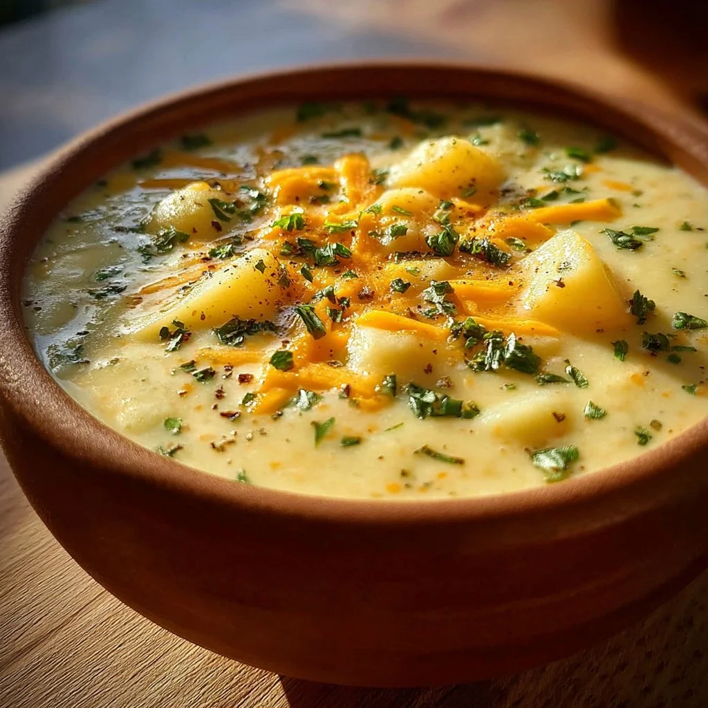 Bowl of Cheddar Garlic Herb Potato Soup garnished with herbs and cheese