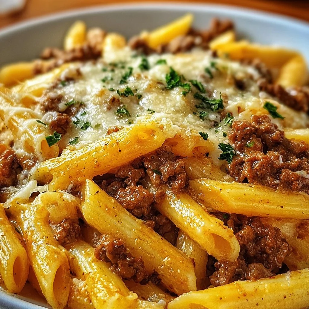 Delicious Cheesy Penne with Garlic Butter and Ground Beef served in a bowl.