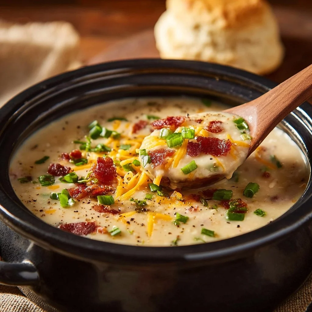 Bowl of cheesy potato soup garnished with herbs