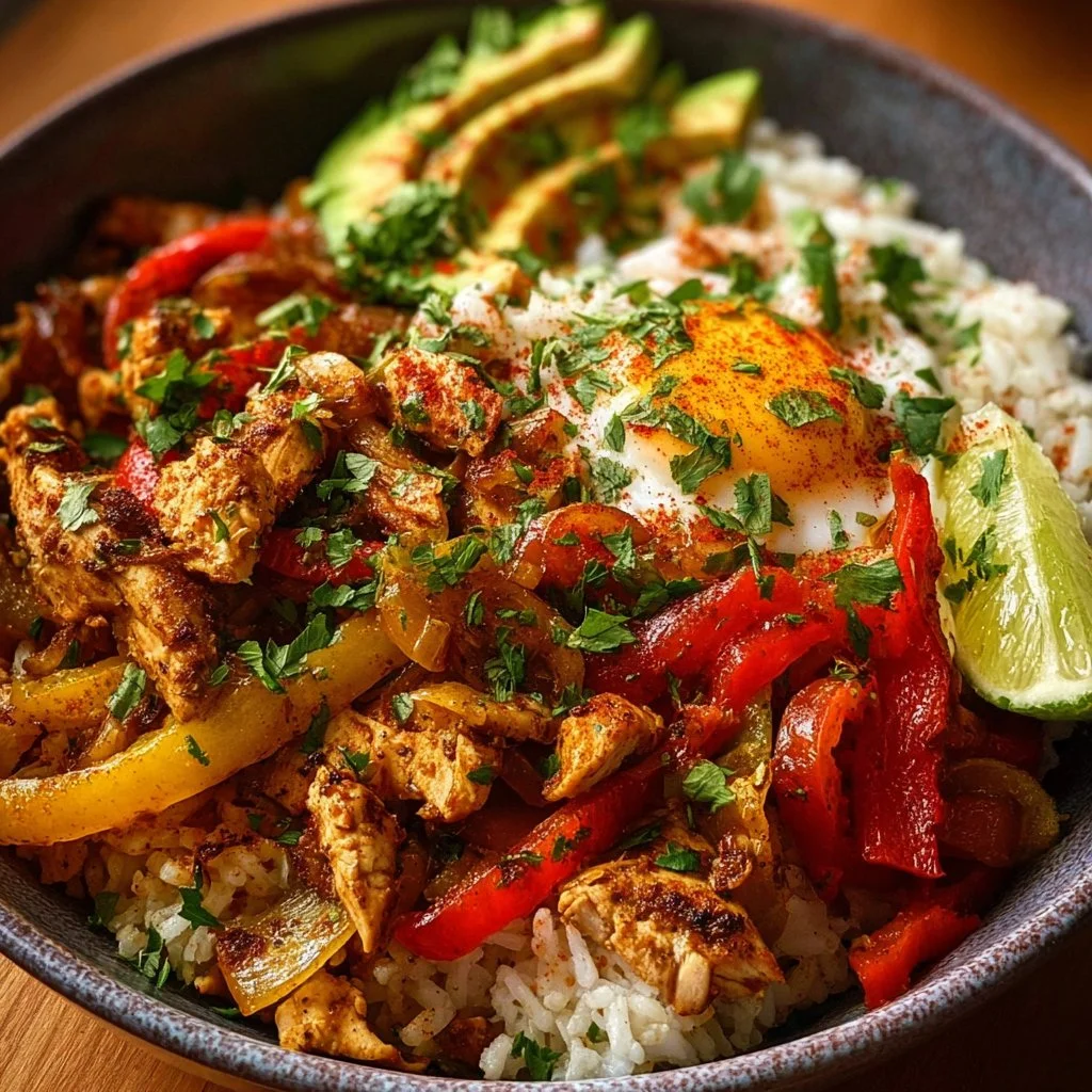 A colorful Chicken Fajita Rice Bowl with peppers, onions, and fresh chicken on rice.