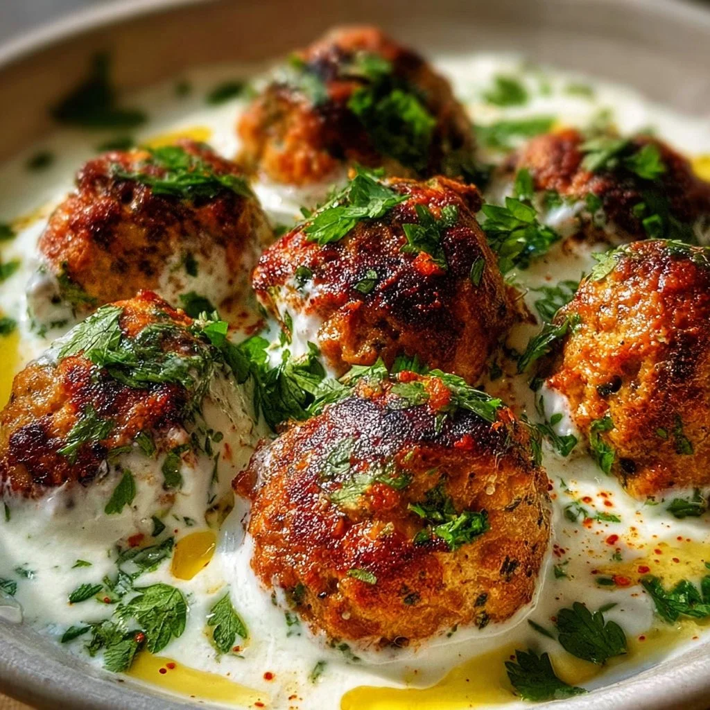 Chicken Kofta served with a creamy garlic yogurt sauce on a plate