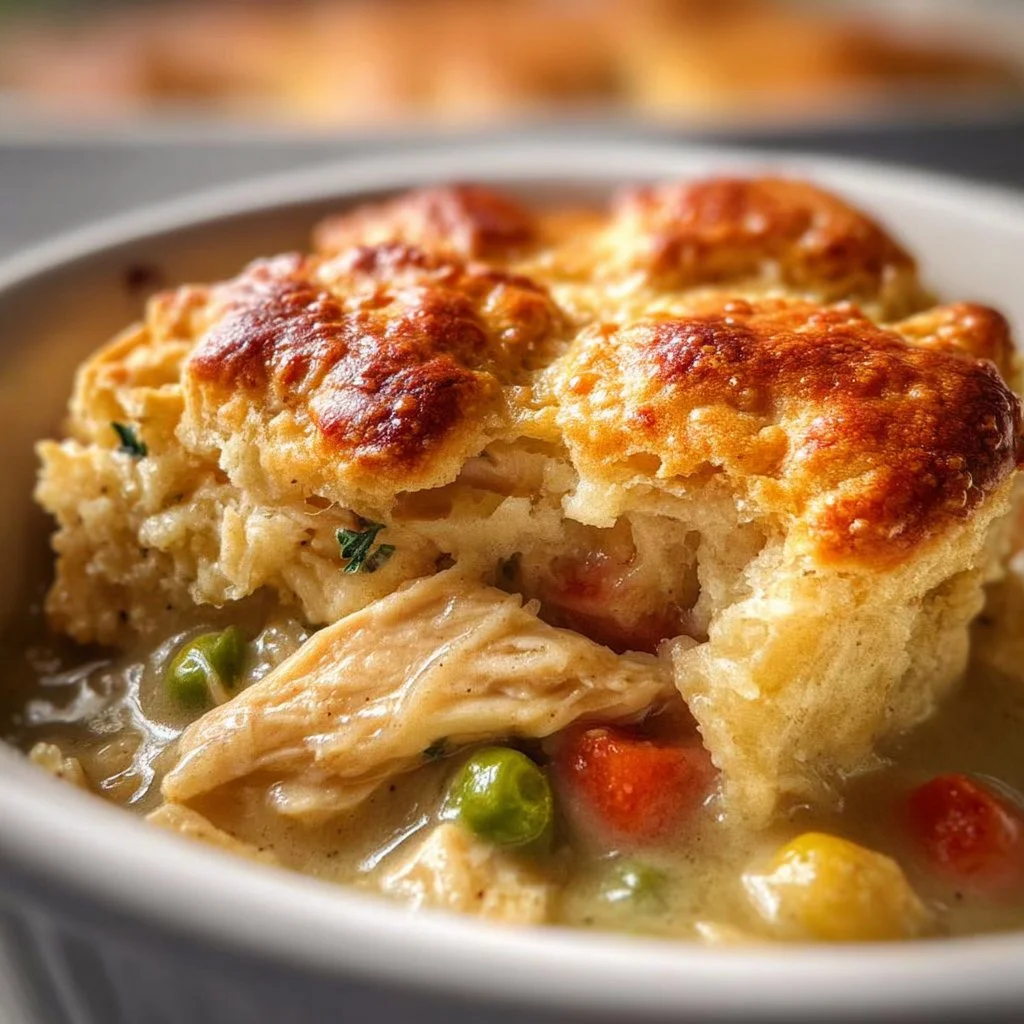 Delicious Chicken Pot Pie Cobbler served in a rustic bowl