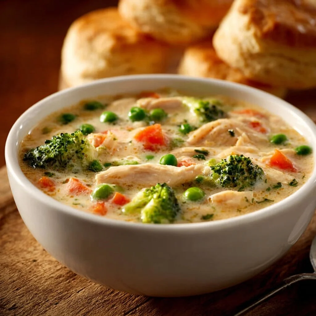 Delicious and creamy Chicken Pot Pie Soup served in a bowl with fresh herbs.
