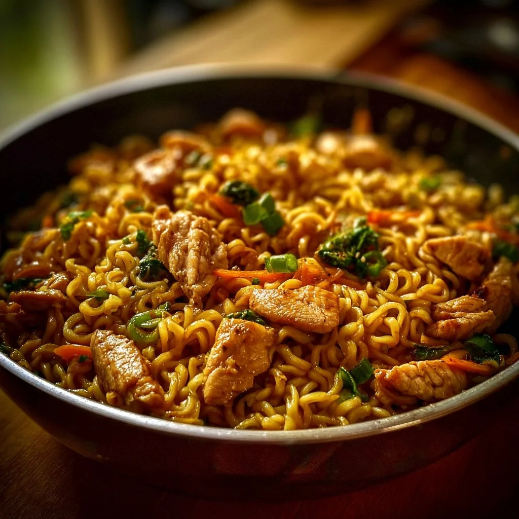 Delicious Chicken Ramen Stir Fry featuring tender chicken and colorful vegetables.