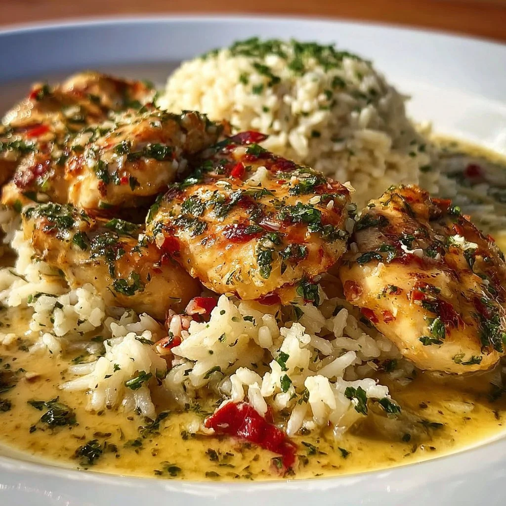 Delicious Chicken Scampi served with Garlic Parmesan Rice, a flavorful dish.