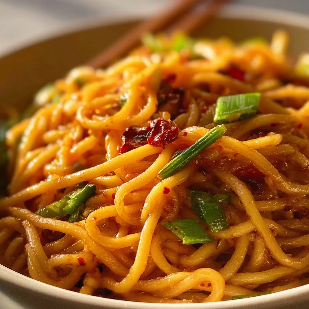 Delicious bowl of Chili Garlic Noodles garnished with fresh herbs and spices