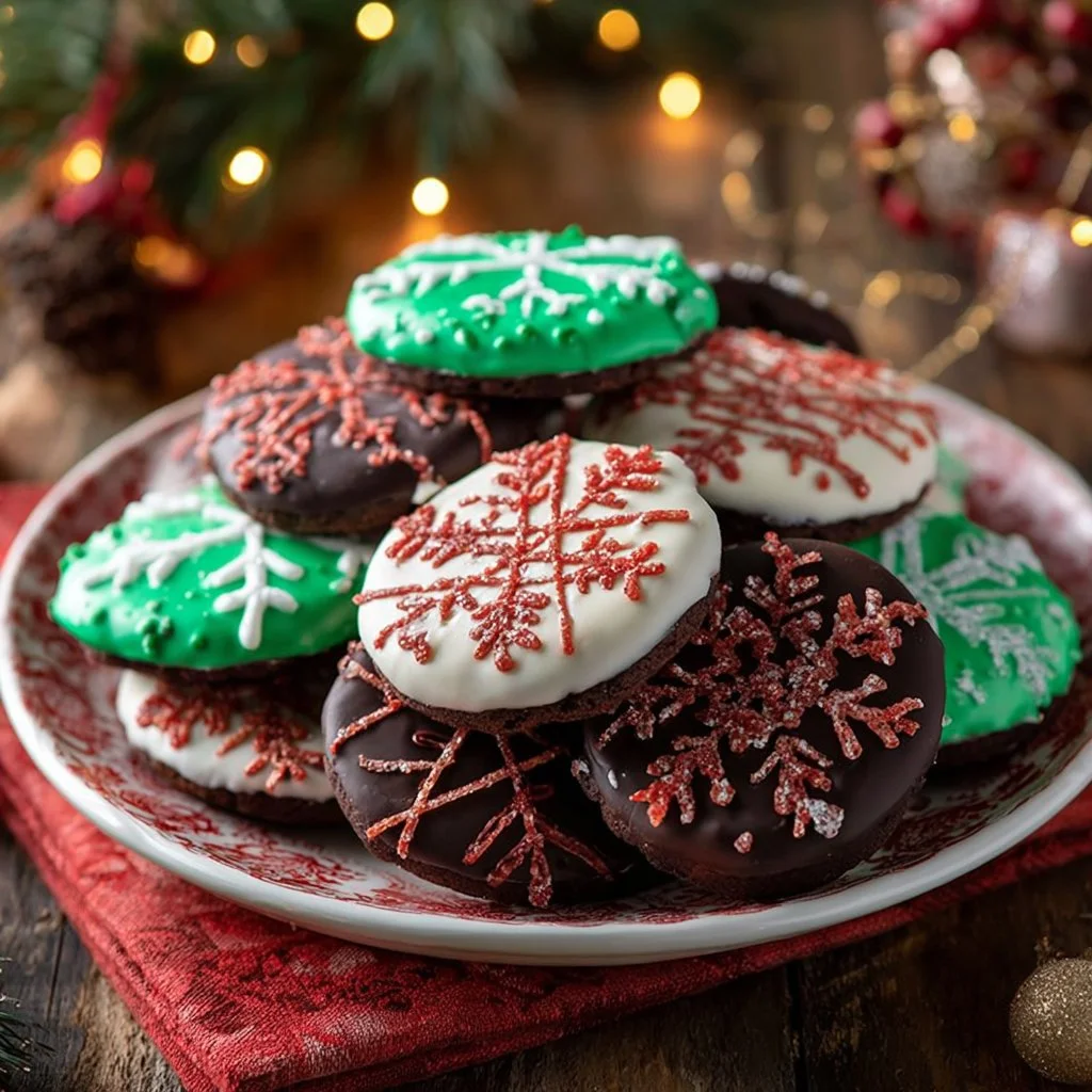 Chocolate Dipped Oreos shaped as snowflakes and Christmas trees for festive treats.