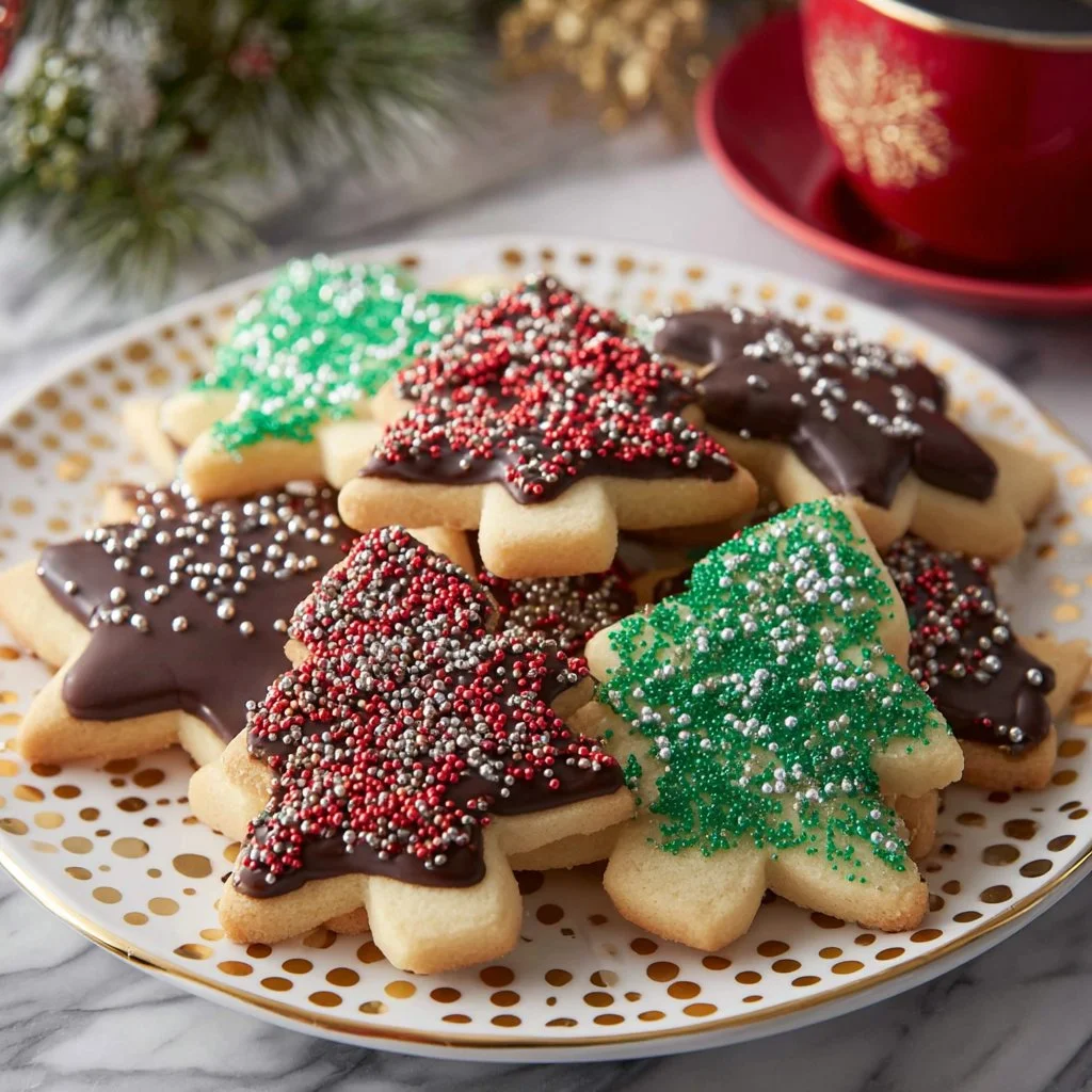 Chocolate dipped shortbread cookies on a plate, ready to enjoy.