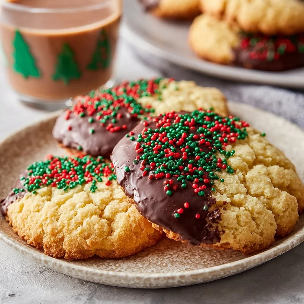 Delicious chocolate-dipped sugar cookies on a white plate