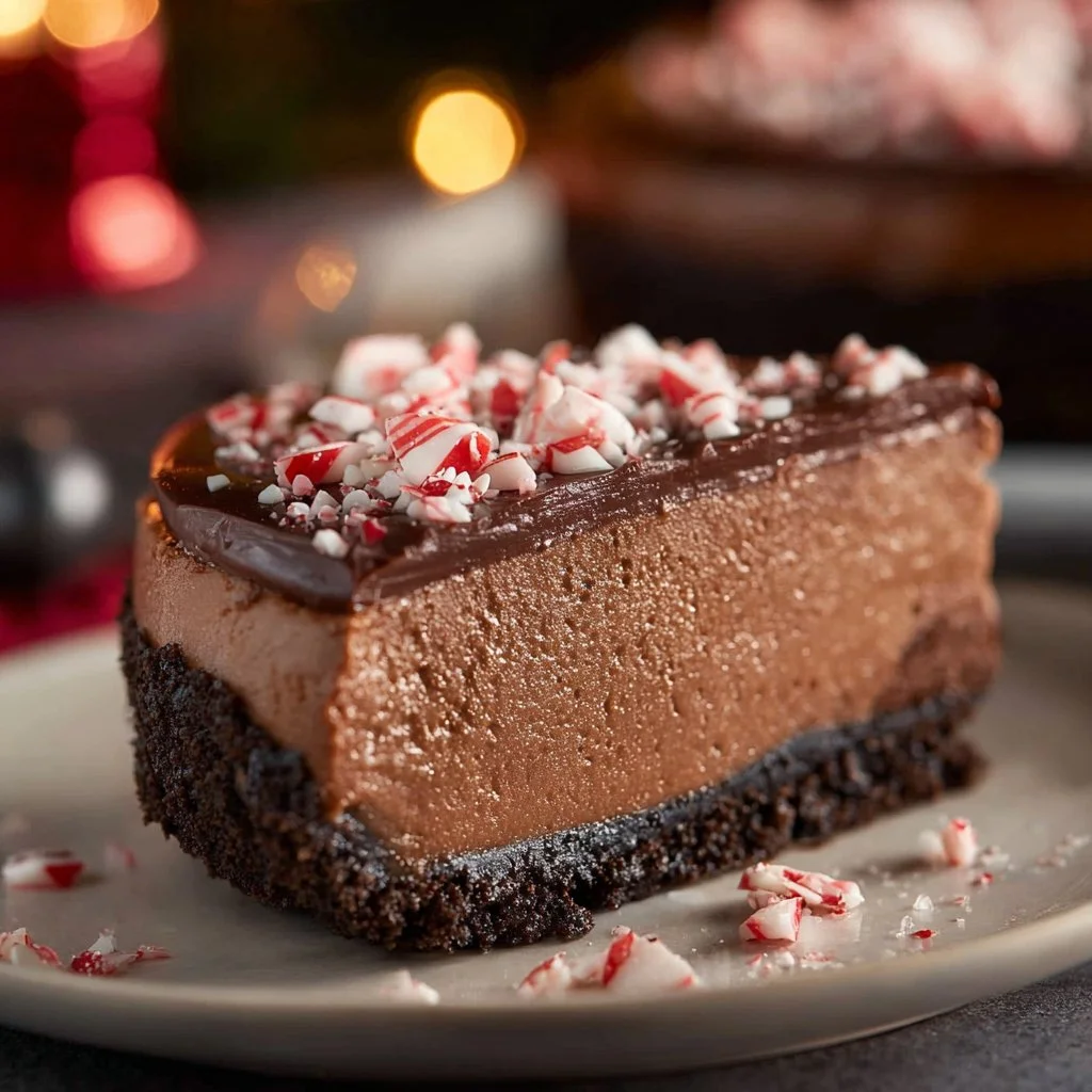 Delicious Chocolate Peppermint Cheesecake topped with mint and chocolate decorations