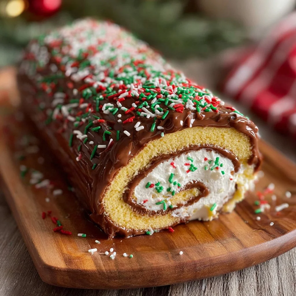 Festive Christmas Cake Roll with cream filling on a holiday table