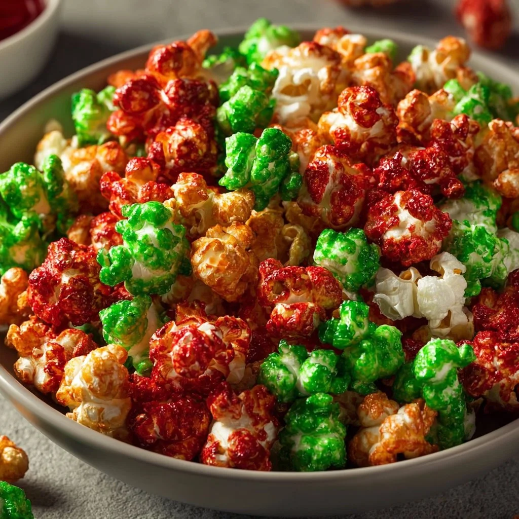 Delicious Christmas caramel corn in a festive bowl