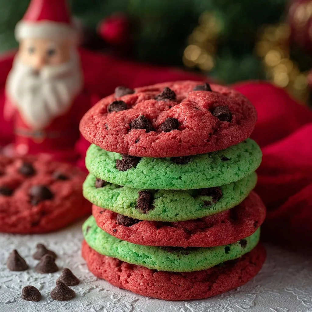 Christmas chocolate chip cookies on a festive plate with holiday decorations