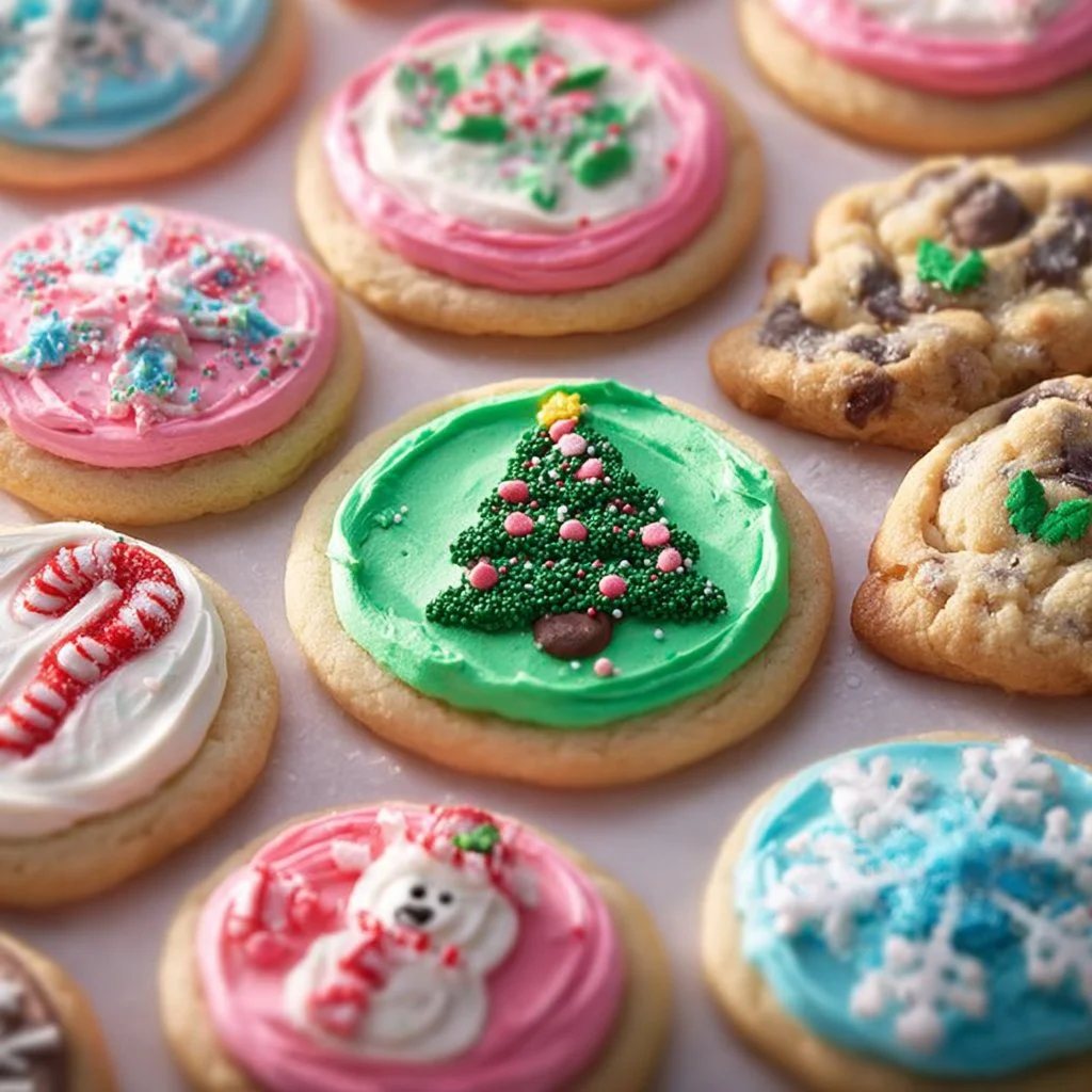 Delicious Christmas chocolate chip sugar cookies on a festive plate.