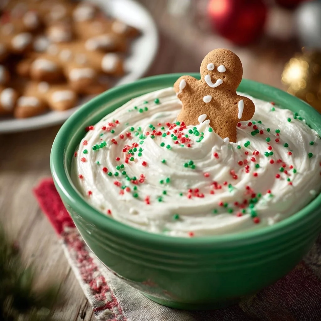 Delicious Christmas cookie dip served in a festive bowl decorated with cookies