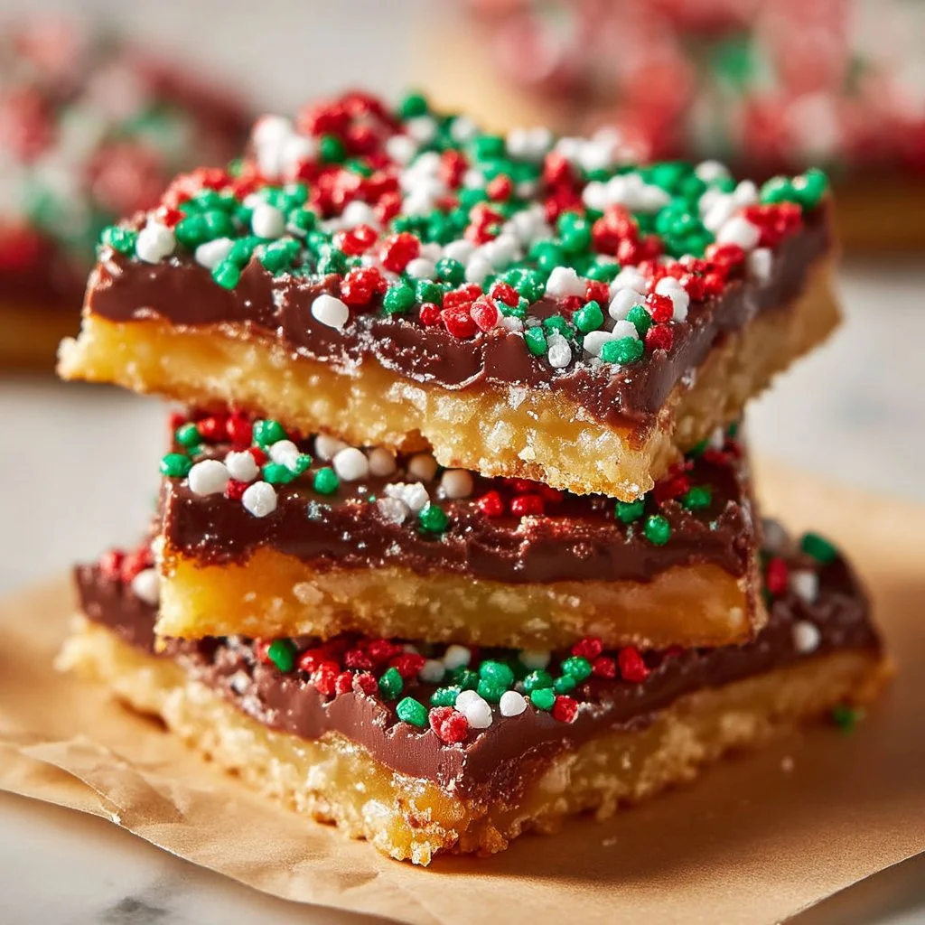 Delicious Christmas Crack dessert with chocolate and toffee on a festive background