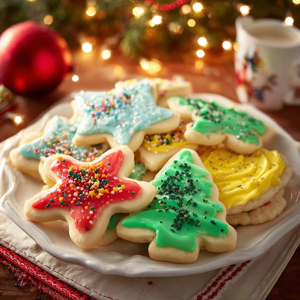 Decorated Christmas cut-out sugar cookies on a festive platter