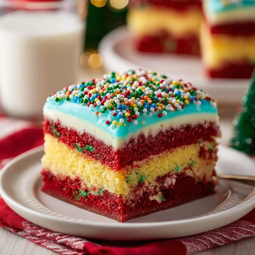 Christmas Red Velvet Poke Cake topped with cream and festive decorations