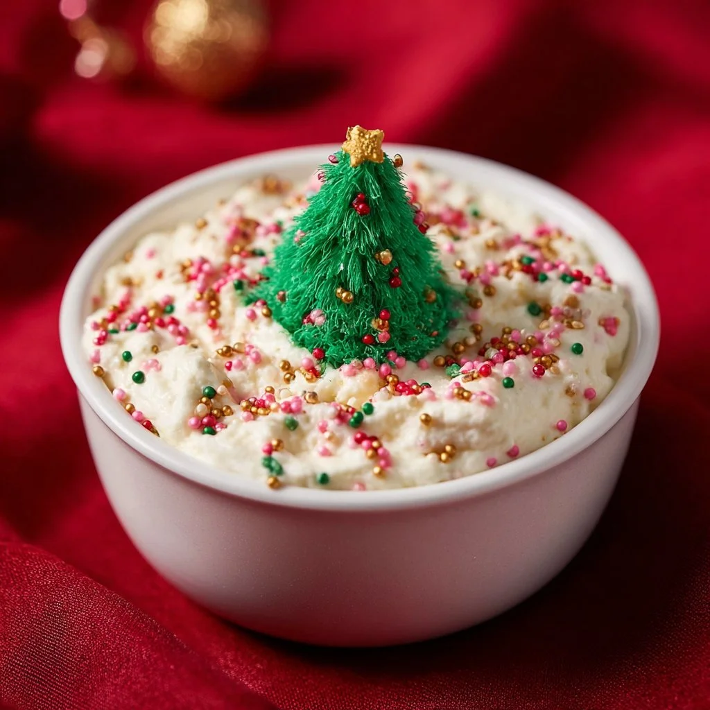 Festive Christmas Tree Cake Dip in a bowl, perfect for holiday parties.
