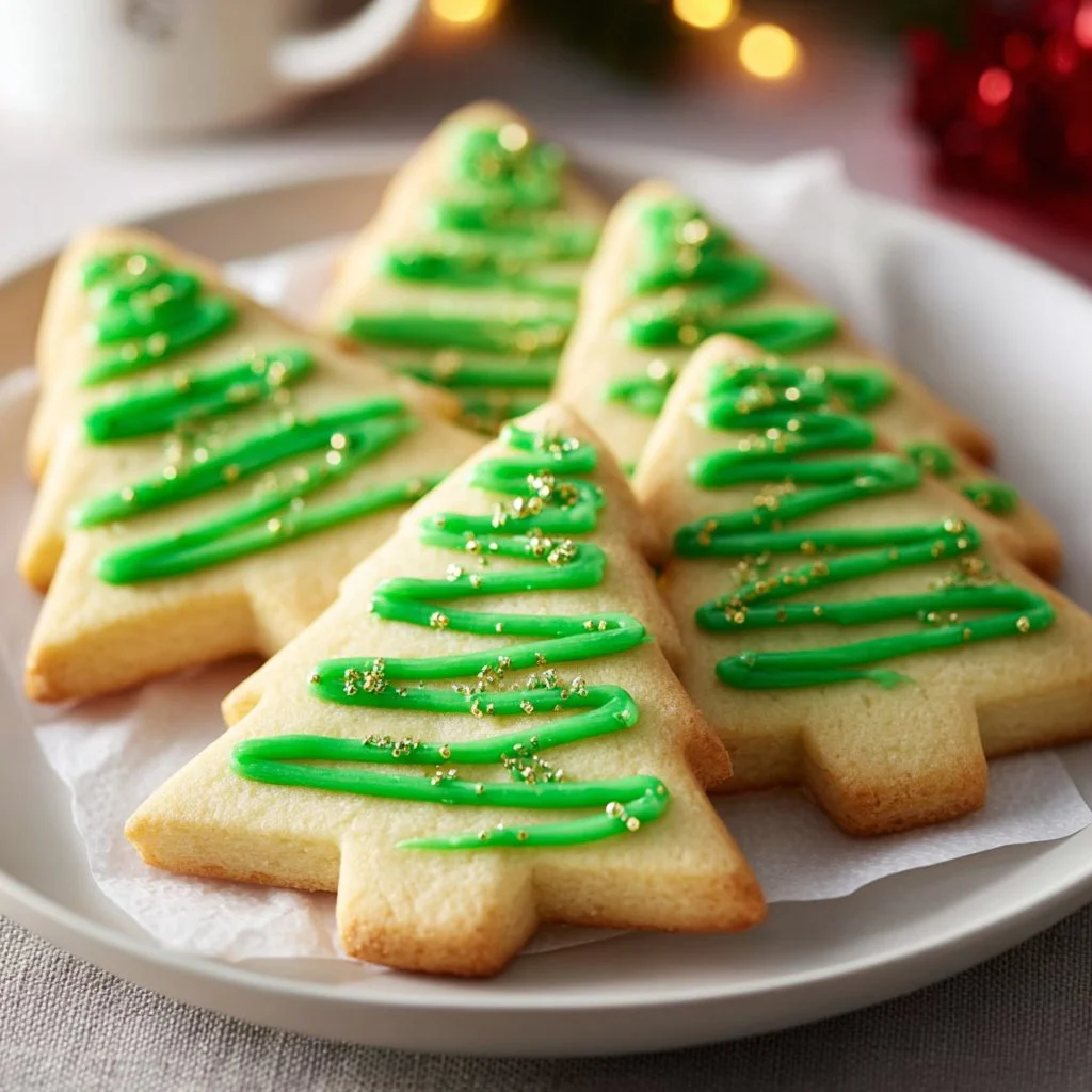 Decorative Christmas Tree Shortbread cookies on a festive plate