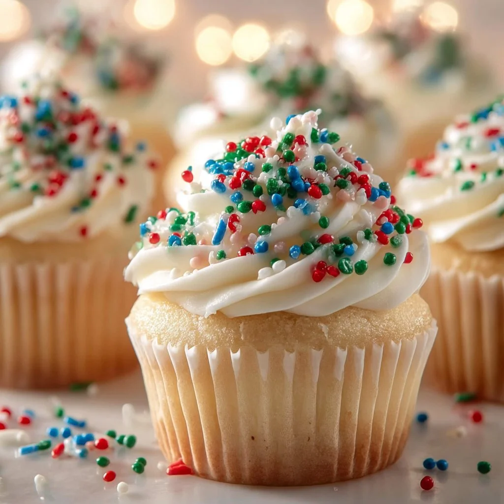 Festive Christmas vanilla cupcakes decorated with colorful frosting and sprinkles