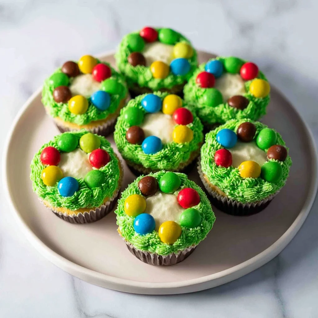 Festively decorated Christmas wreath cupcakes with green frosting and decorations.