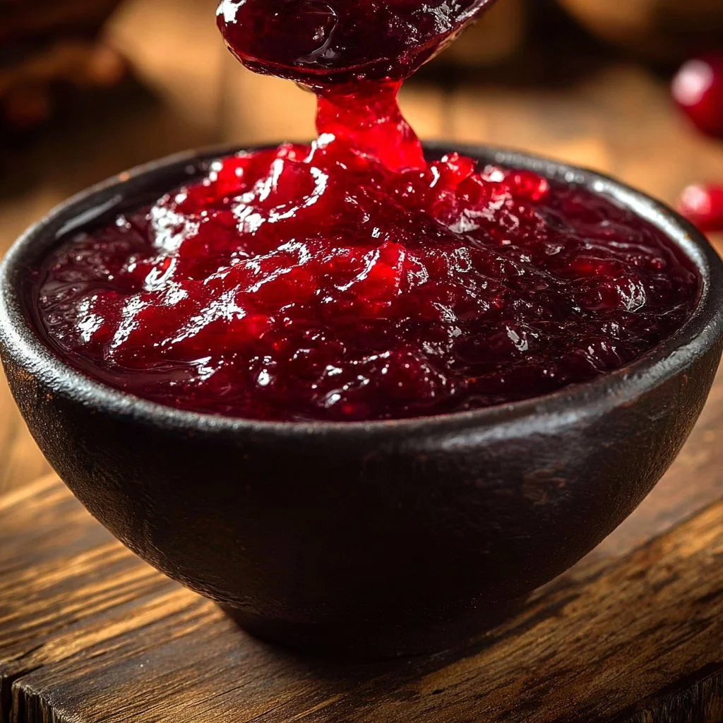 Classic Crockpot Cranberry Sauce served in a bowl, garnished with herbs.