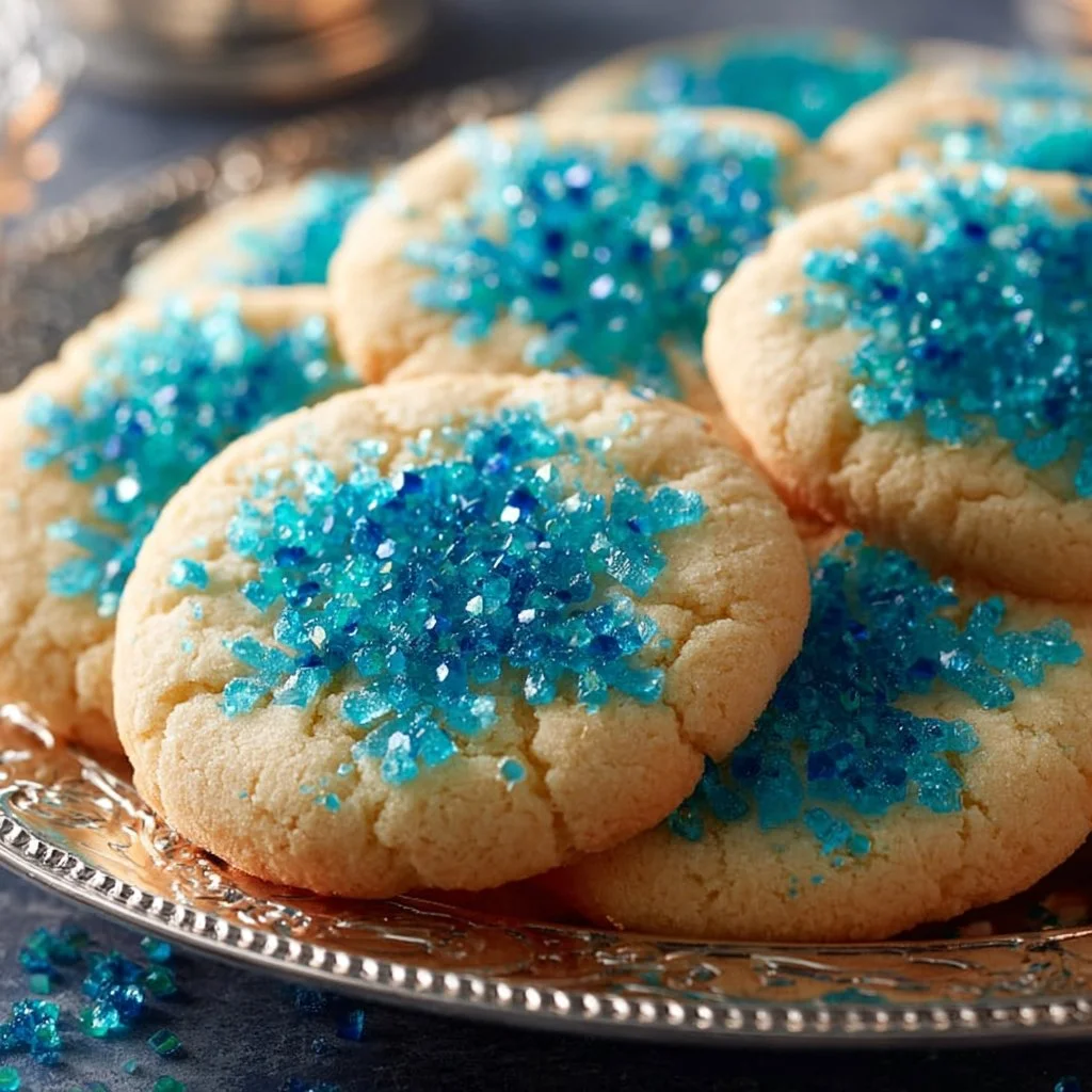 Freshly baked classic sugar cookies on a decorated plate
