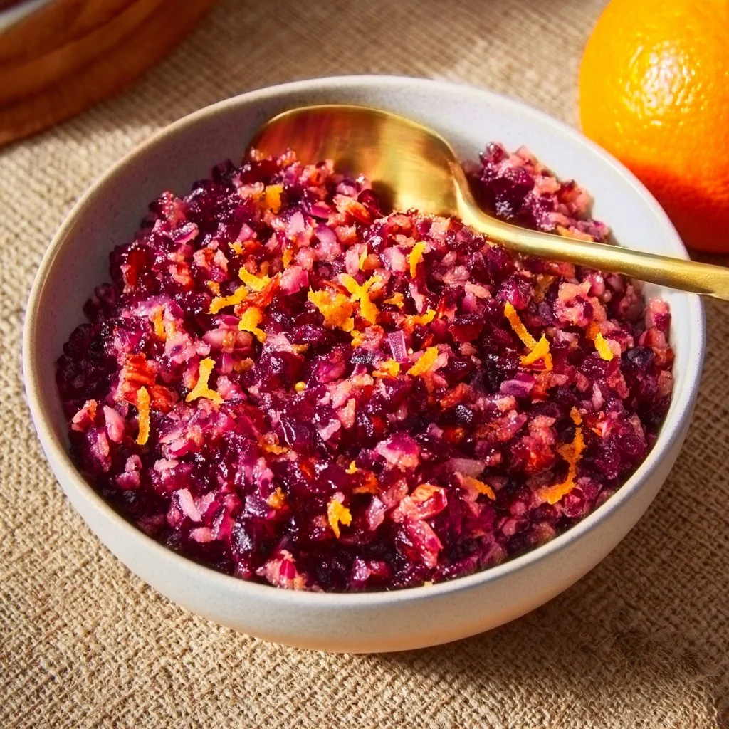 Homemade Cranberry Orange Relish in a serving bowl, showcasing vibrant colors.