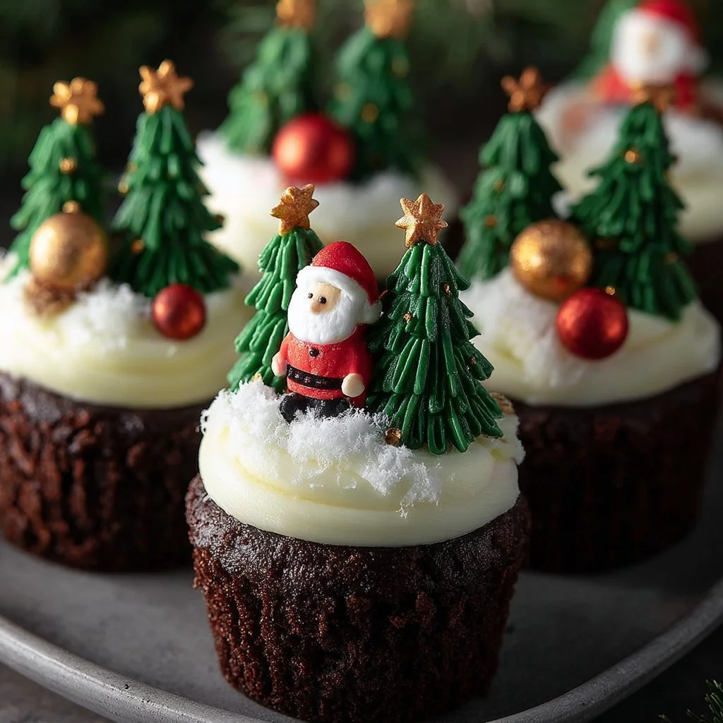 Cream Cheese-Stuffed Muffins with Matcha Chocolate Trees on a plate