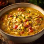 Bowl of creamy chicken corn chowder topped with herbs and spices