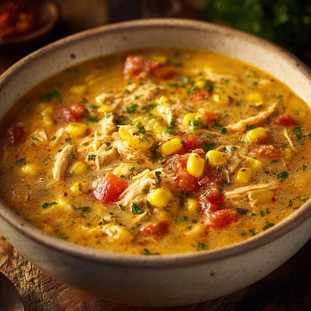 Bowl of creamy chicken corn chowder topped with herbs and spices