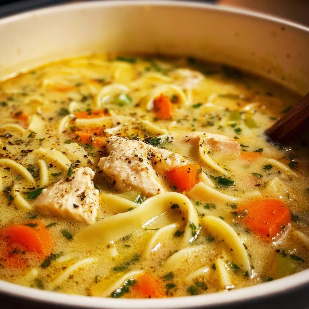 Bowl of creamy chicken noodle soup garnished with herbs and noodles