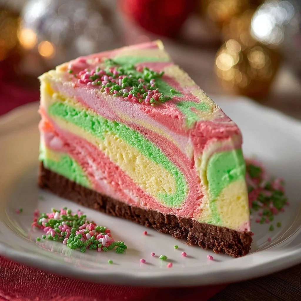 Deliciously creamy Christmas cheesecake topped with seasonal decorations.