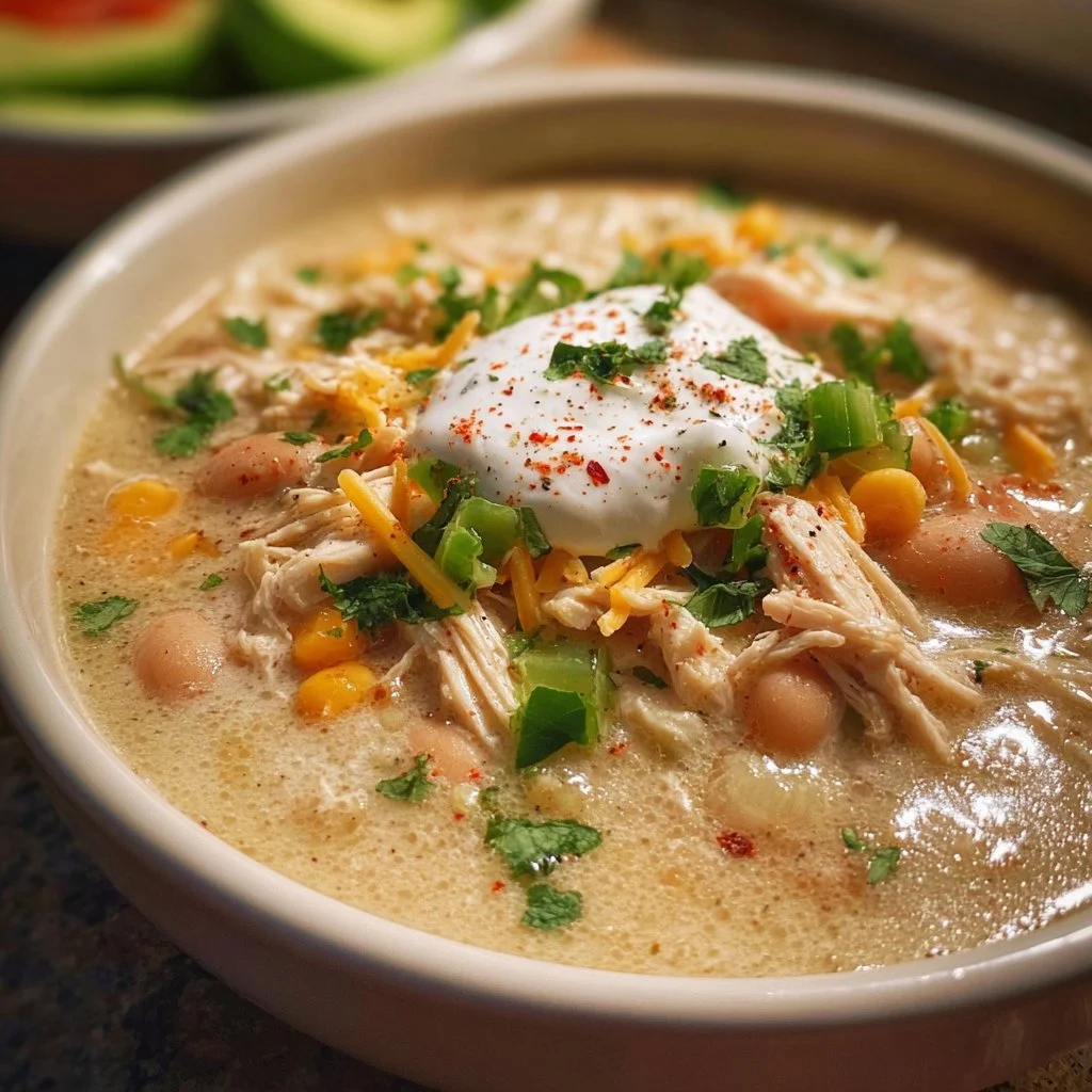 A bowl of creamy crockpot white chicken chili topped with cilantro and served with tortilla chips