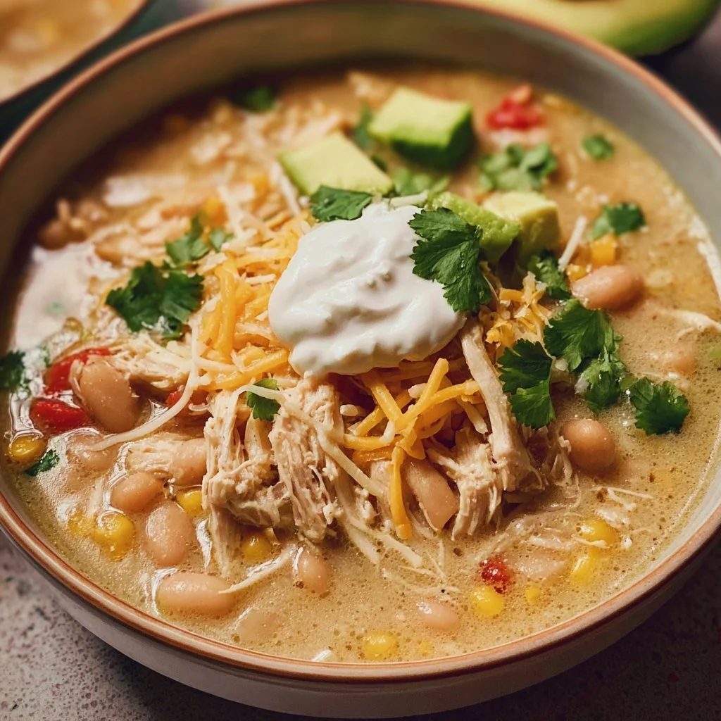 Bowl of creamy crockpot white chicken chili garnished with cilantro and lime
