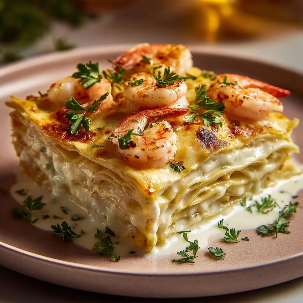 Creamy garlic butter shrimp scampi lasagna served in a dish