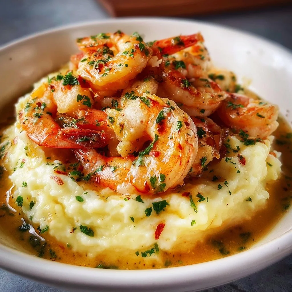 Creamy garlic shrimp served over a bed of mashed potatoes