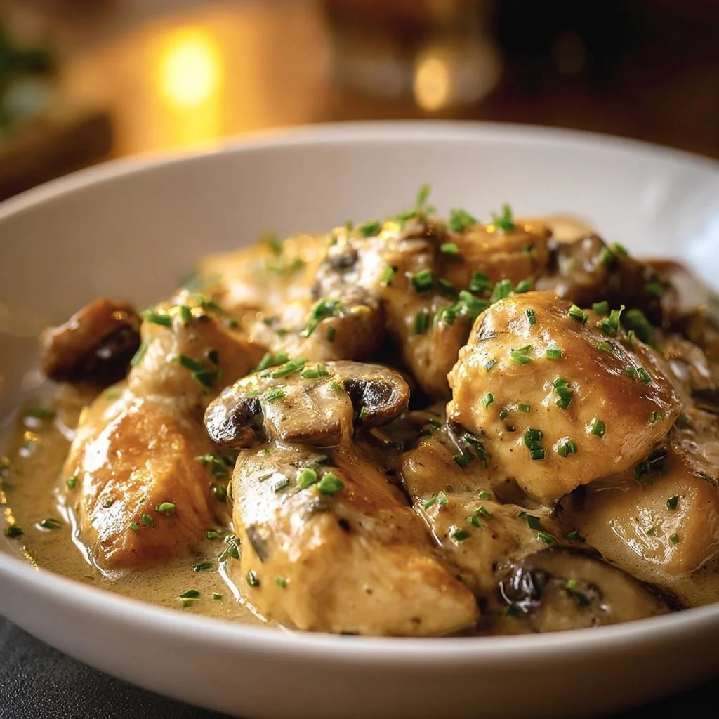Delicious creamy mushroom chicken served on a plate