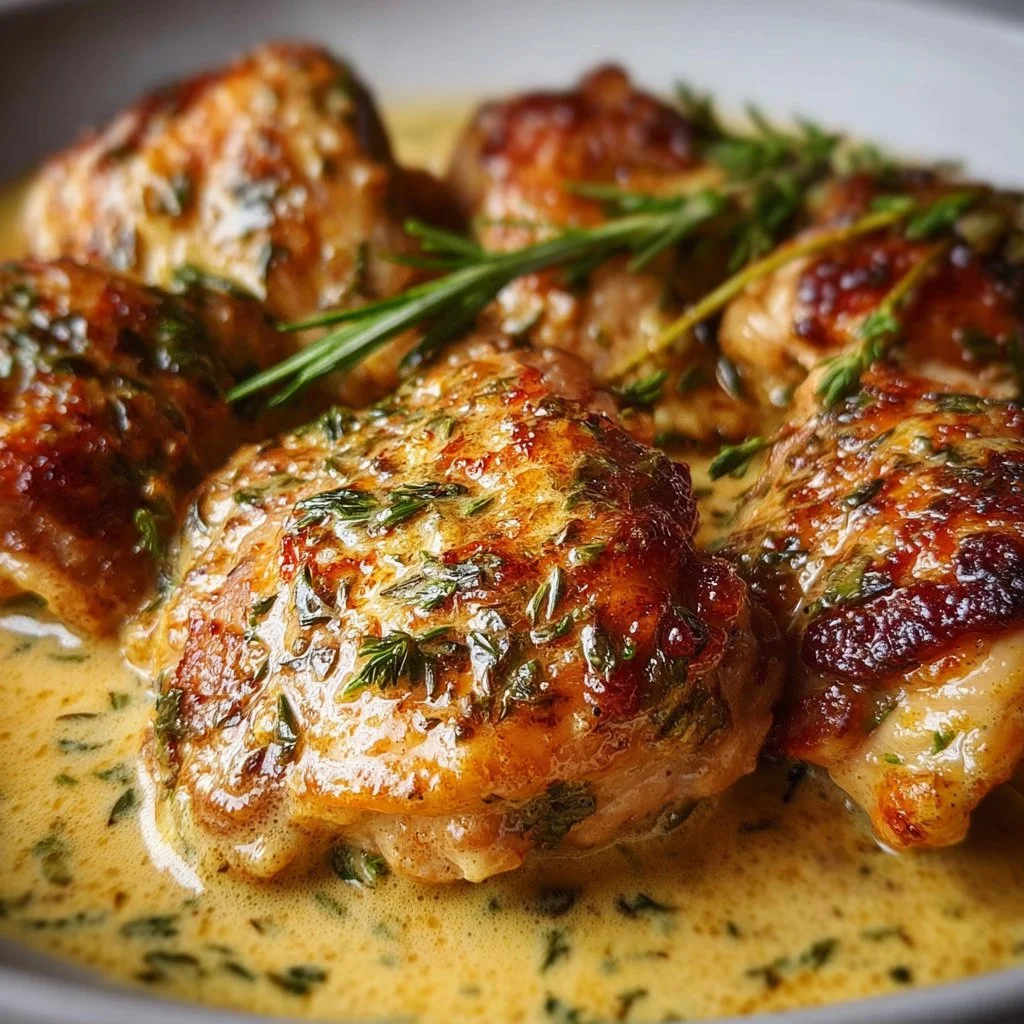 Creamy oven baked chicken thighs served with herbs and spices