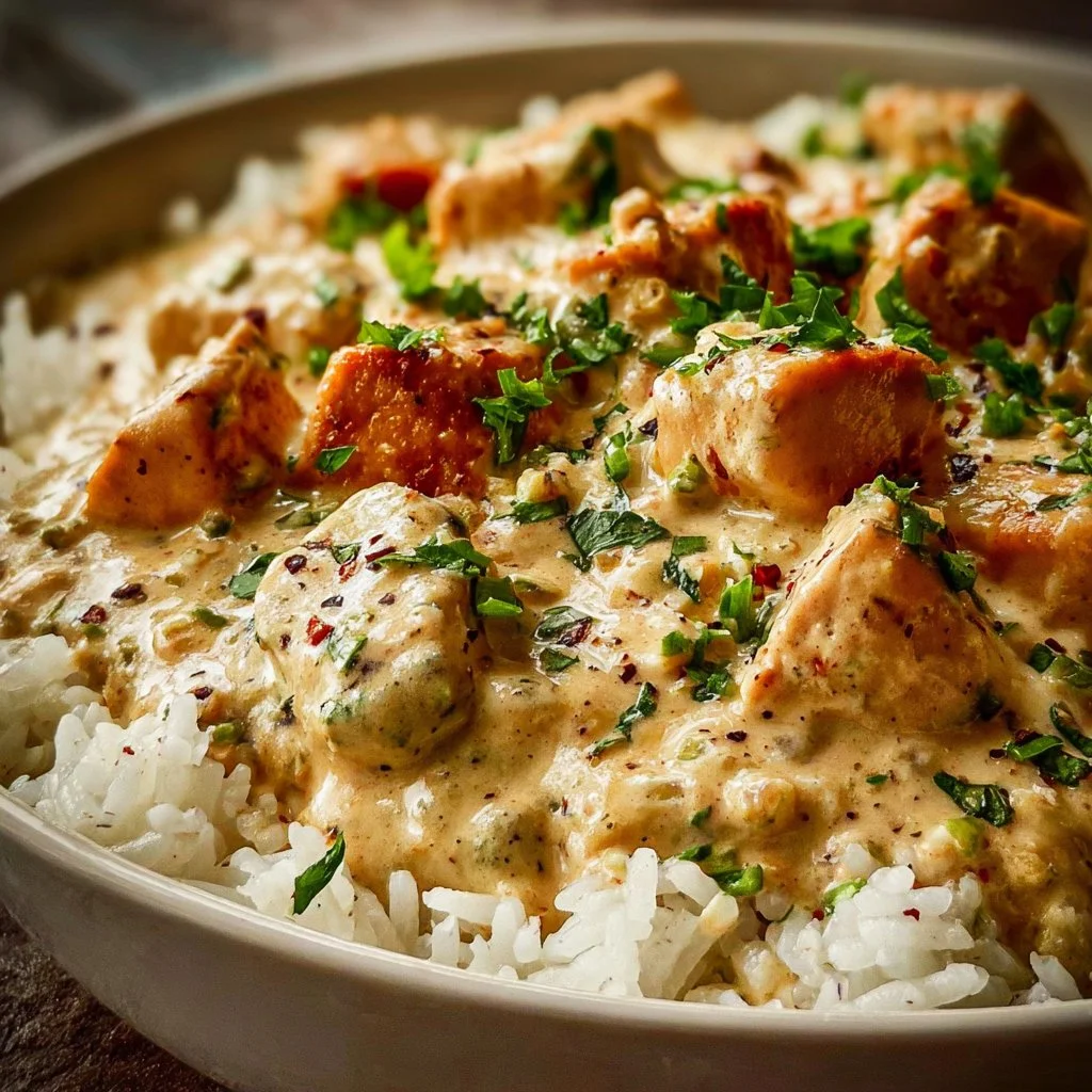 Plate of creamy smothered chicken served with rice and vegetables