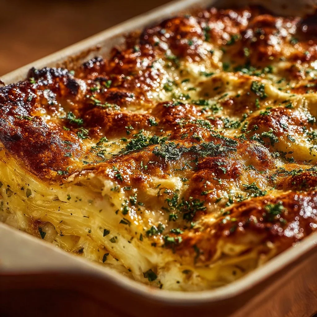 Creamy white chicken lasagna topped with cheese and herbs
