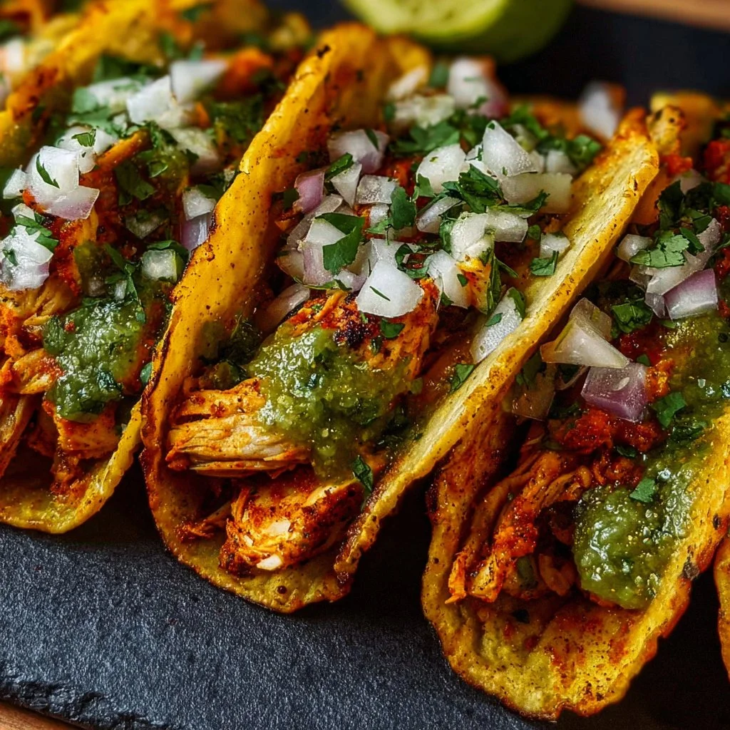 Crispy poblano chicken tacos topped with fresh ingredients