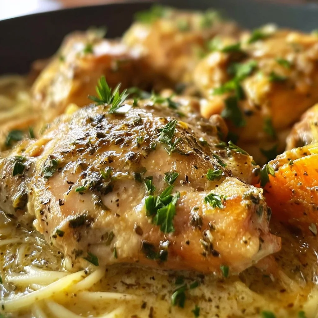 Crock Pot Angel Chicken dish served on a plate with herbs and sides.