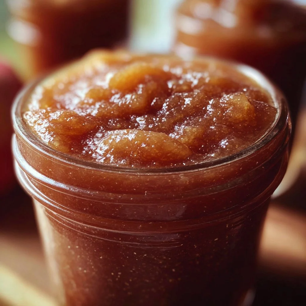 Crock Pot apple butter in jars ready for canning