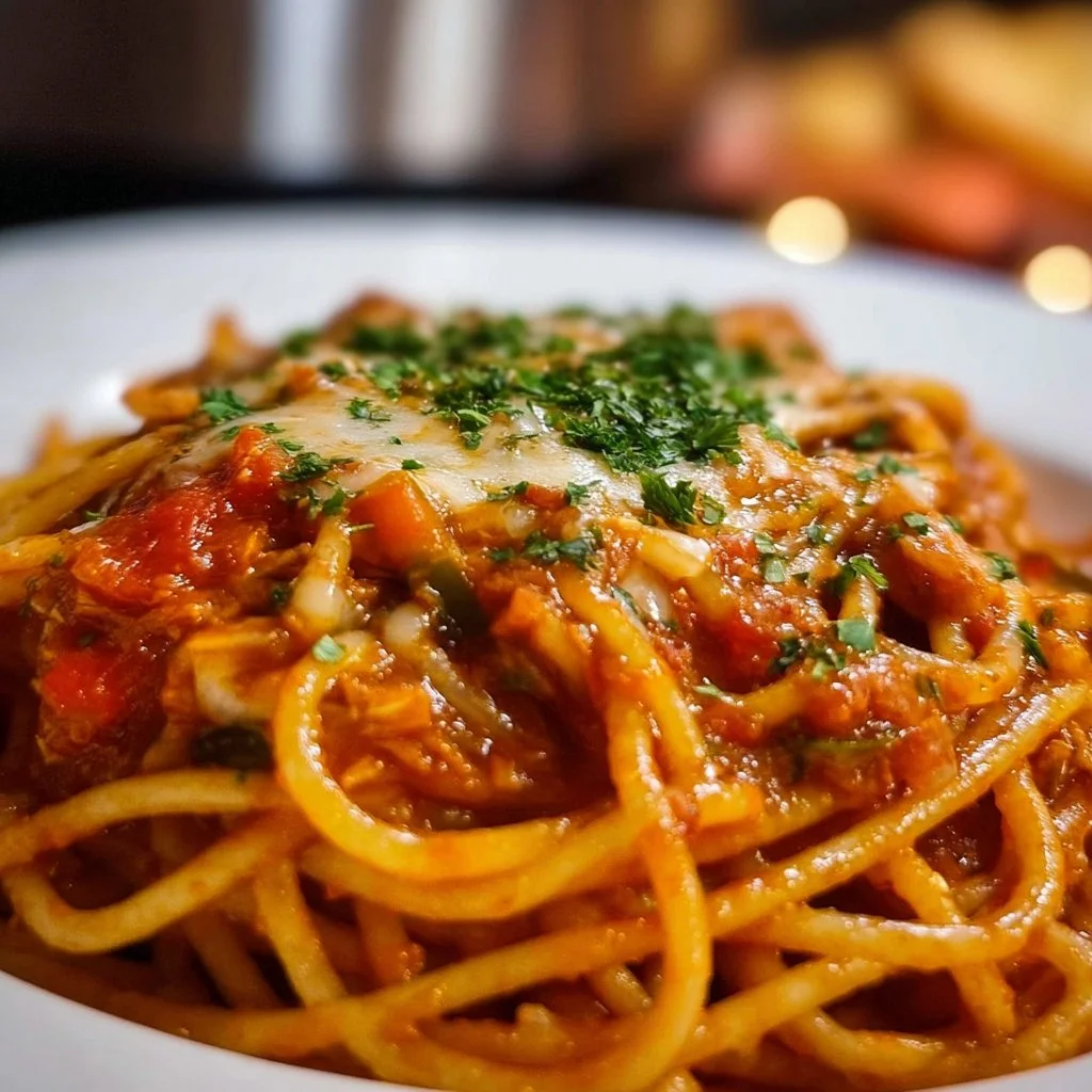 Delicious Crock Pot Spaghetti made with fresh ingredients and slow-cooked to perfection.
