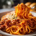 Delicious Crock Pot spaghetti served in a bowl with fresh herbs on top