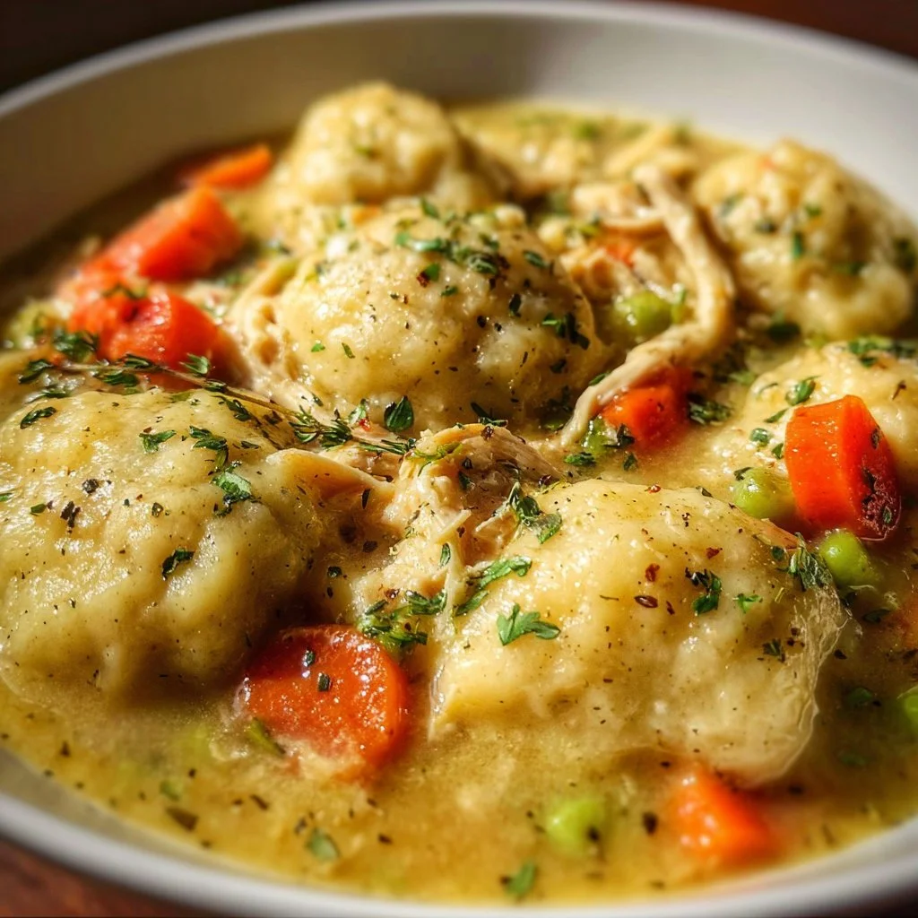 Bowl of Crockpot Chicken and Dumplings with fresh herbs on top.