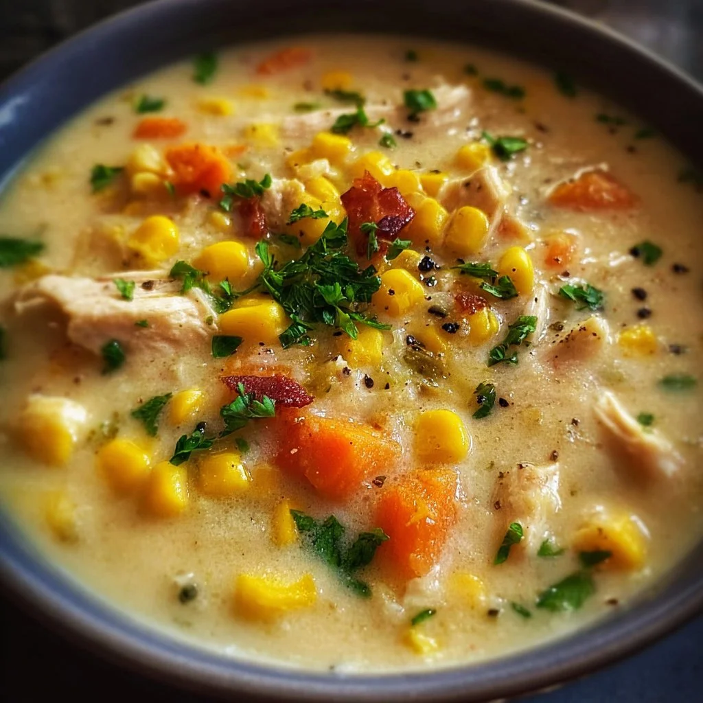 Bowl of creamy crockpot chicken corn chowder with corn and herbs