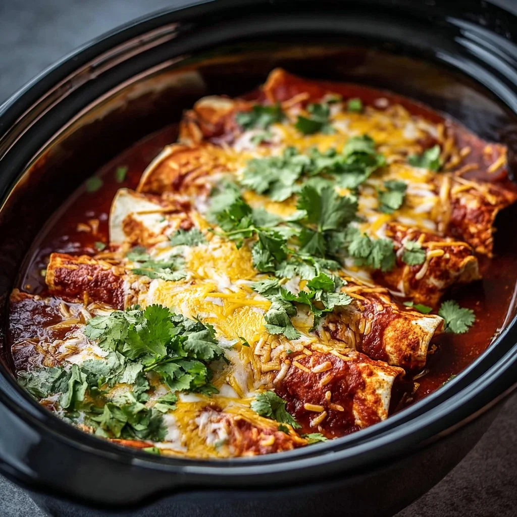 Delicious Crockpot Chicken Enchiladas served on a plate with toppings.